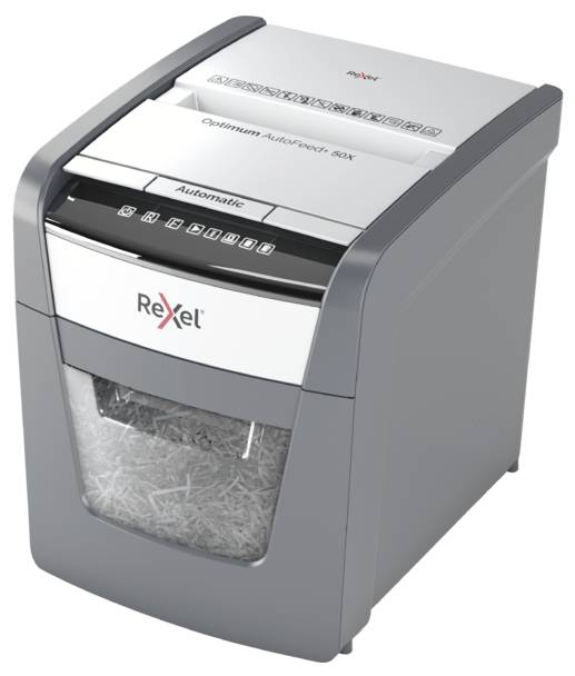 Rexel Optimum AutoFeed+ 50X Document shredder 50 sheet Micro-cut 4 x 28 mm P-4 20 l Also shreds Paper clips, Staples, Credit cards