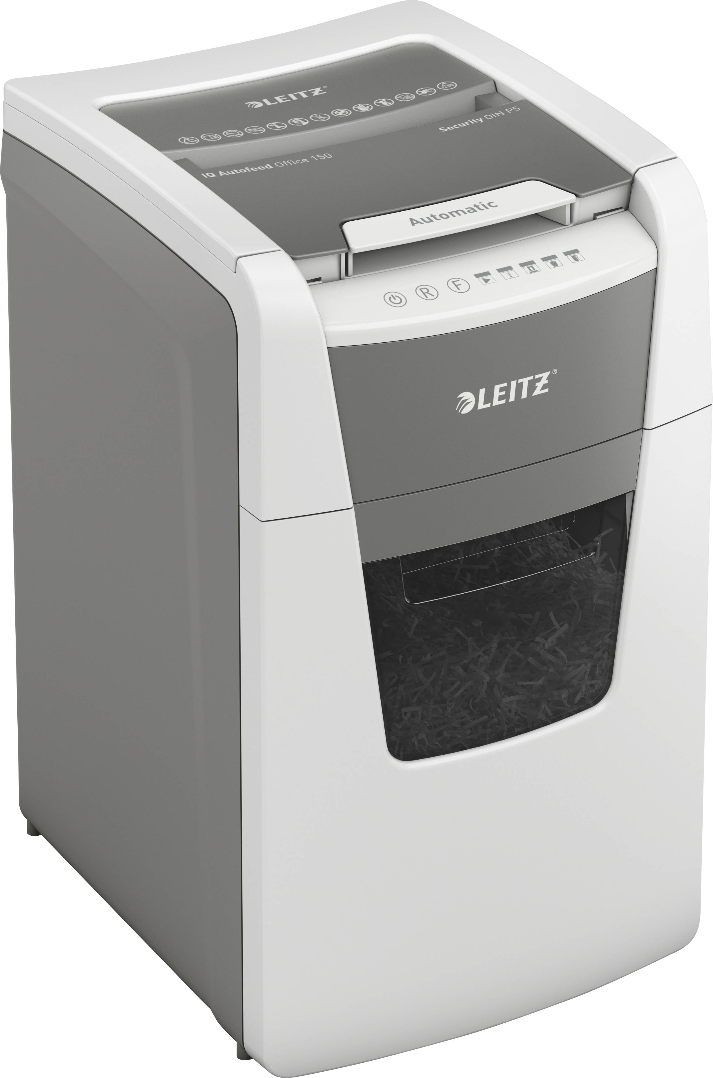 A grey-white document shredder by Leitz with a transparent waste bin displays the brand logo and control buttons on the top surface.