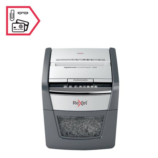 Rexel Optimum AutoFeed 45X Document shredder 45 sheet Micro-cut 4 x 28 mm P-4 20 l Also shreds Paper clips, Staples, Credit cards