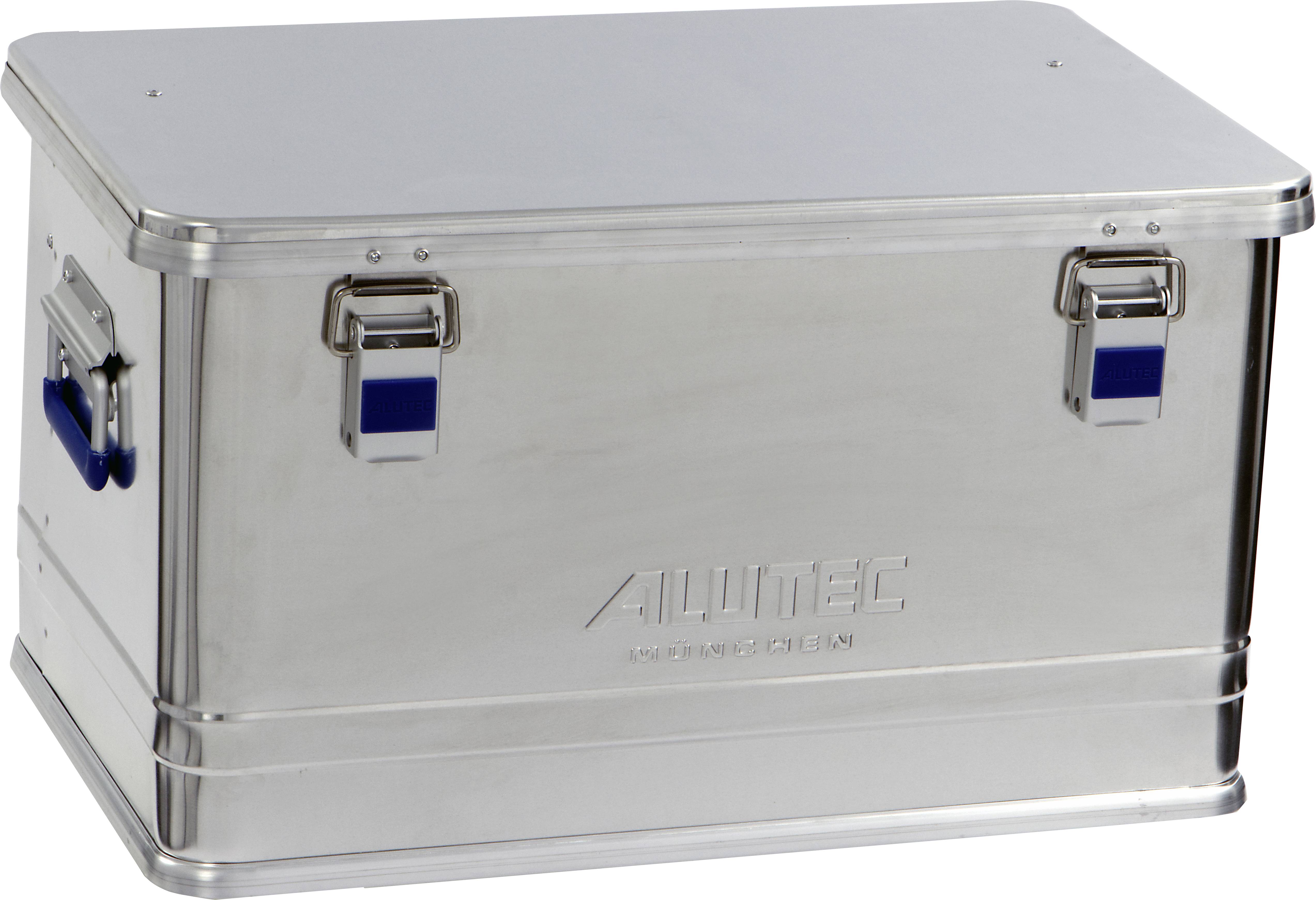 A silver metal box with carrying handles on both sides and a closed lid, suitable for transport or storage.