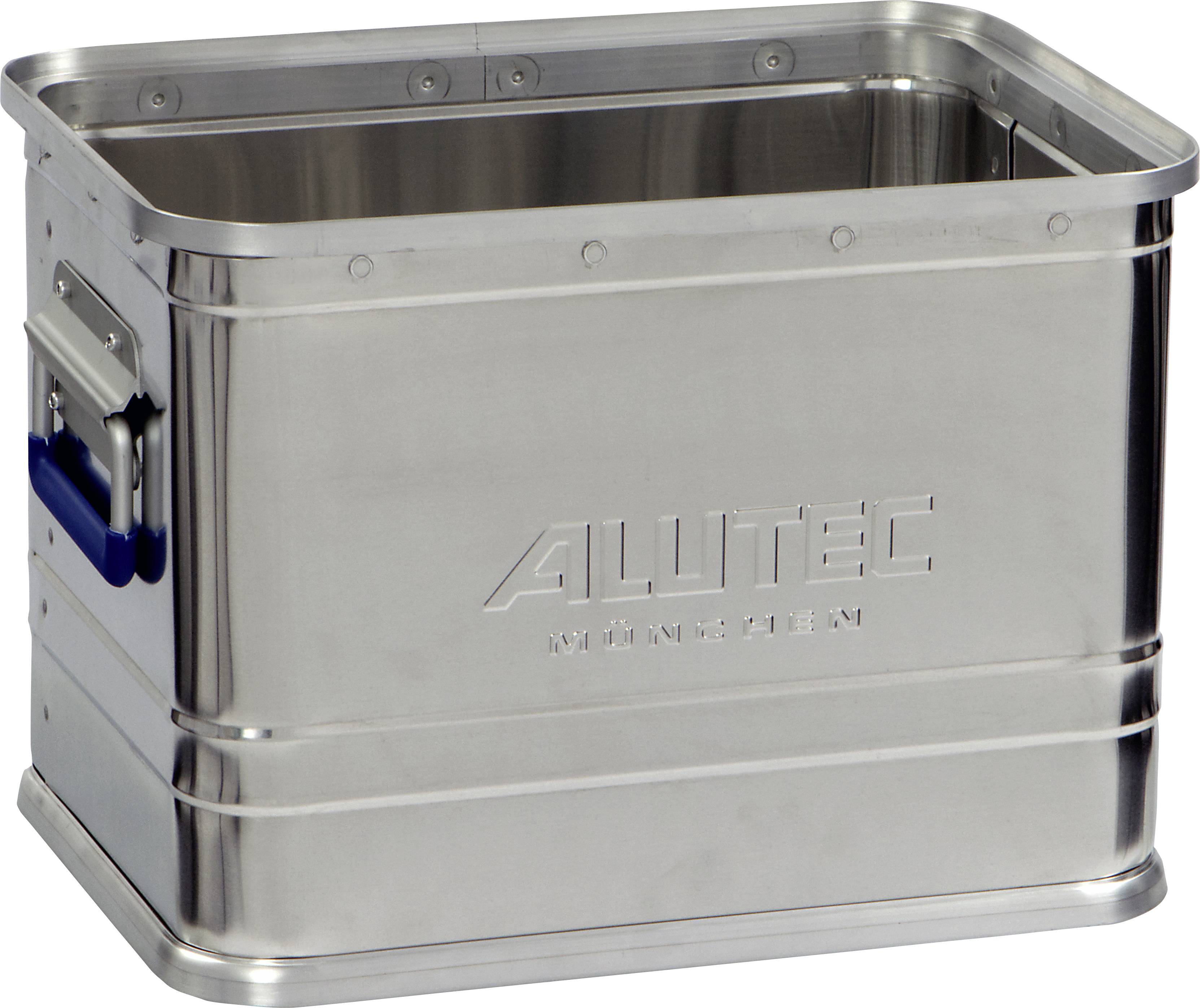 Aluminium case with 'ALUTEC MÜNSTER' printed on it, sturdy and silver-coloured, with blue handles on the sides, suitable for storage.