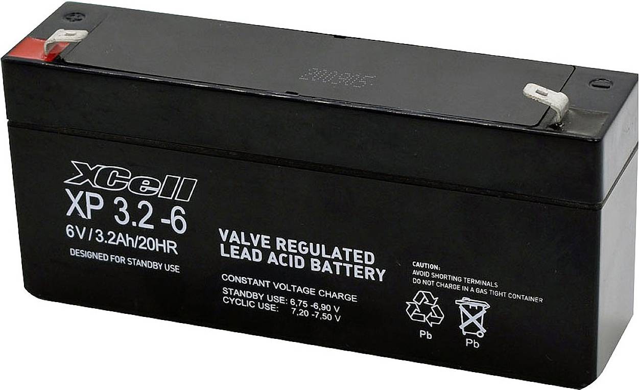 Black lead-acid battery, 6V, 3.2Ah, with inscription 'Valve Regulated Lead Acid Battery', terminal connections on top.