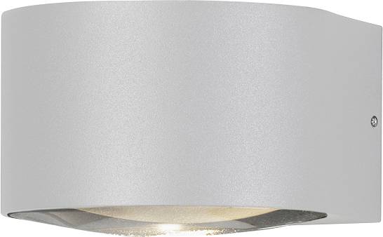 A contemporary, grey wall light with a curved design that radiates light downwards. Suitable for interior spaces.