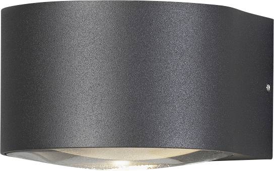Black, semi-circular outdoor wall light with downward-facing illumination. Ideal for stylish exterior lighting.