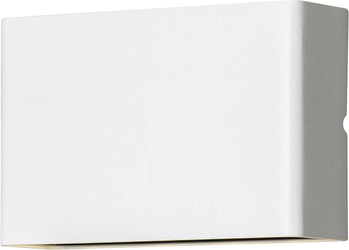 White, rectangular wall light with a minimalist design. The light emits illumination both upwards and downwards. Ideal for modern, stylishly furnished rooms.