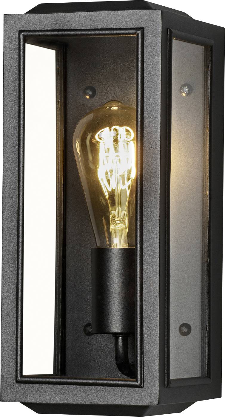 Black outdoor wall light with glass panels and visible bulb, emitting warm light forward. Suitable for exterior use.