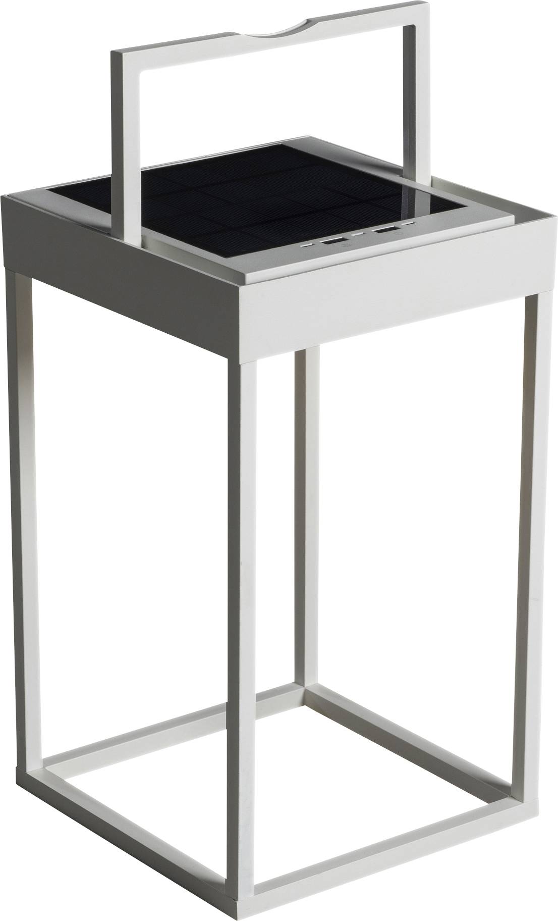 A white, modern solar table with an integrated solar panel on the tabletop, standing on four slender legs and featuring a handle on top.