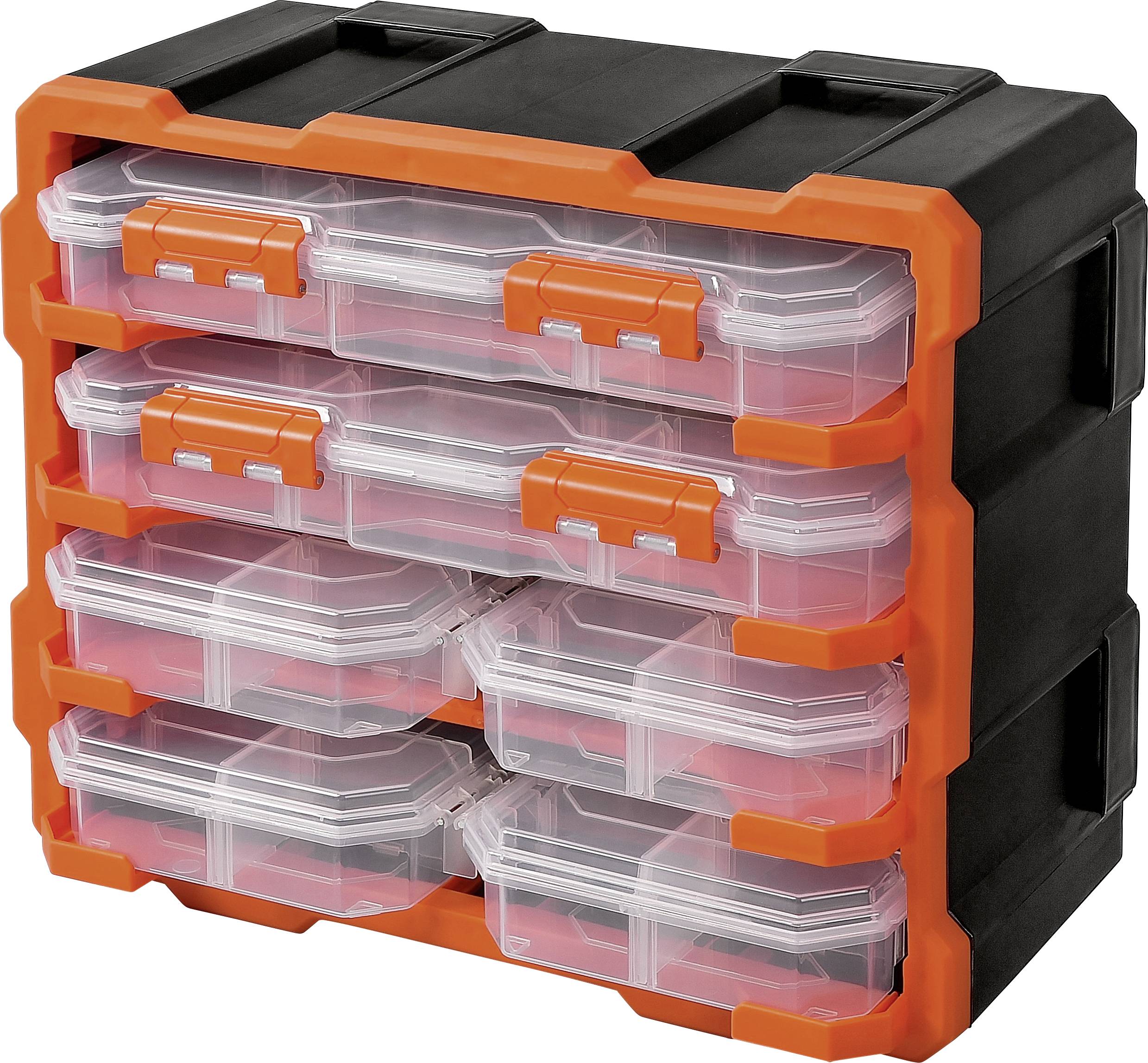 Black tool box with four transparent drawers, secured by bright orange handles. Ideal for storing small components.