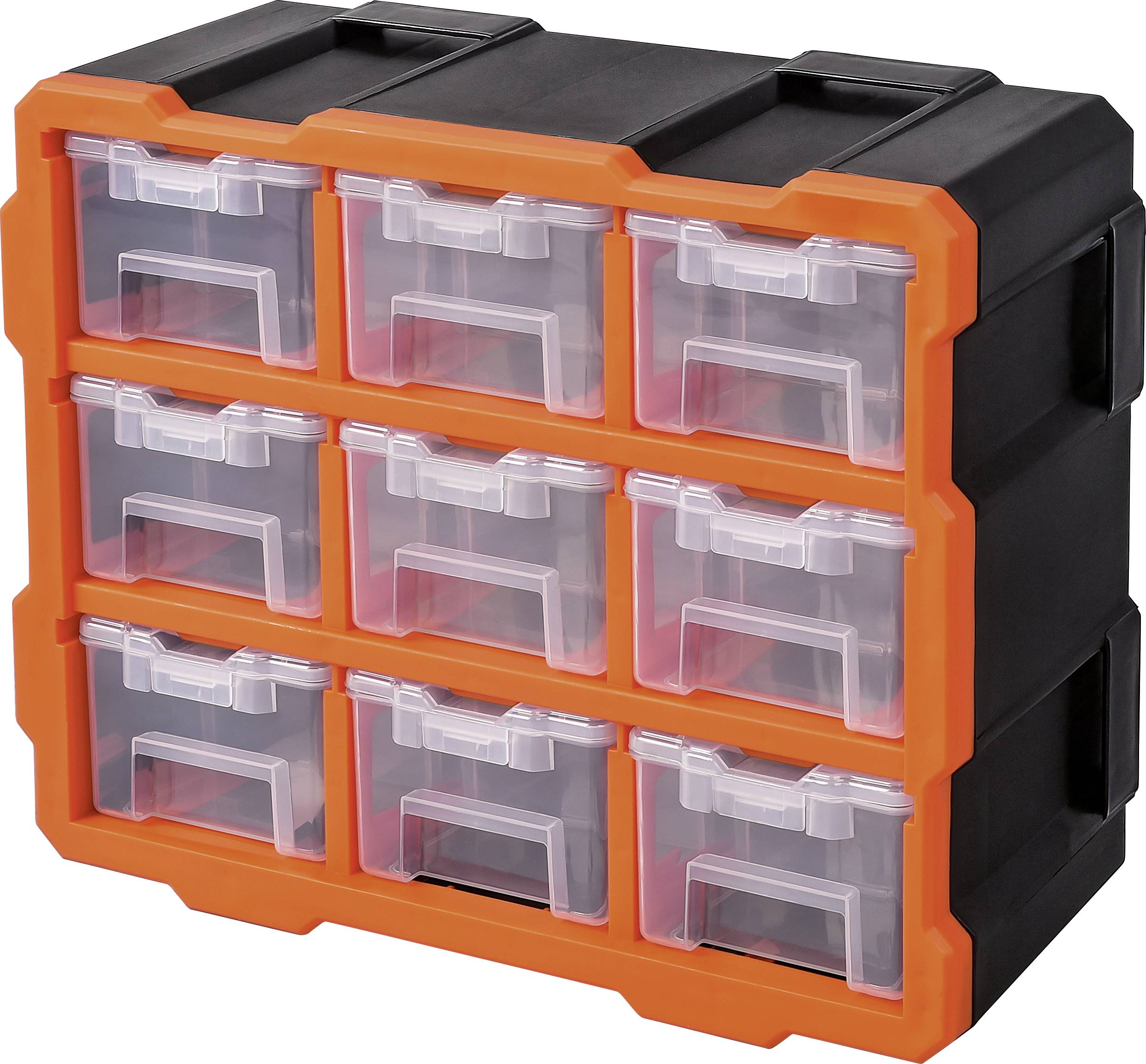 A black and orange workshop organiser with nine transparent drawers for storing small parts.