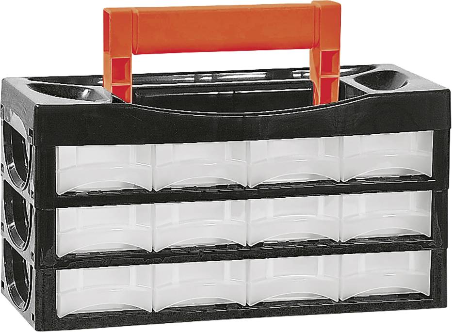 A black toolbox with an orange handle and two rows of transparent plastic drawers, perfect for storing small parts.