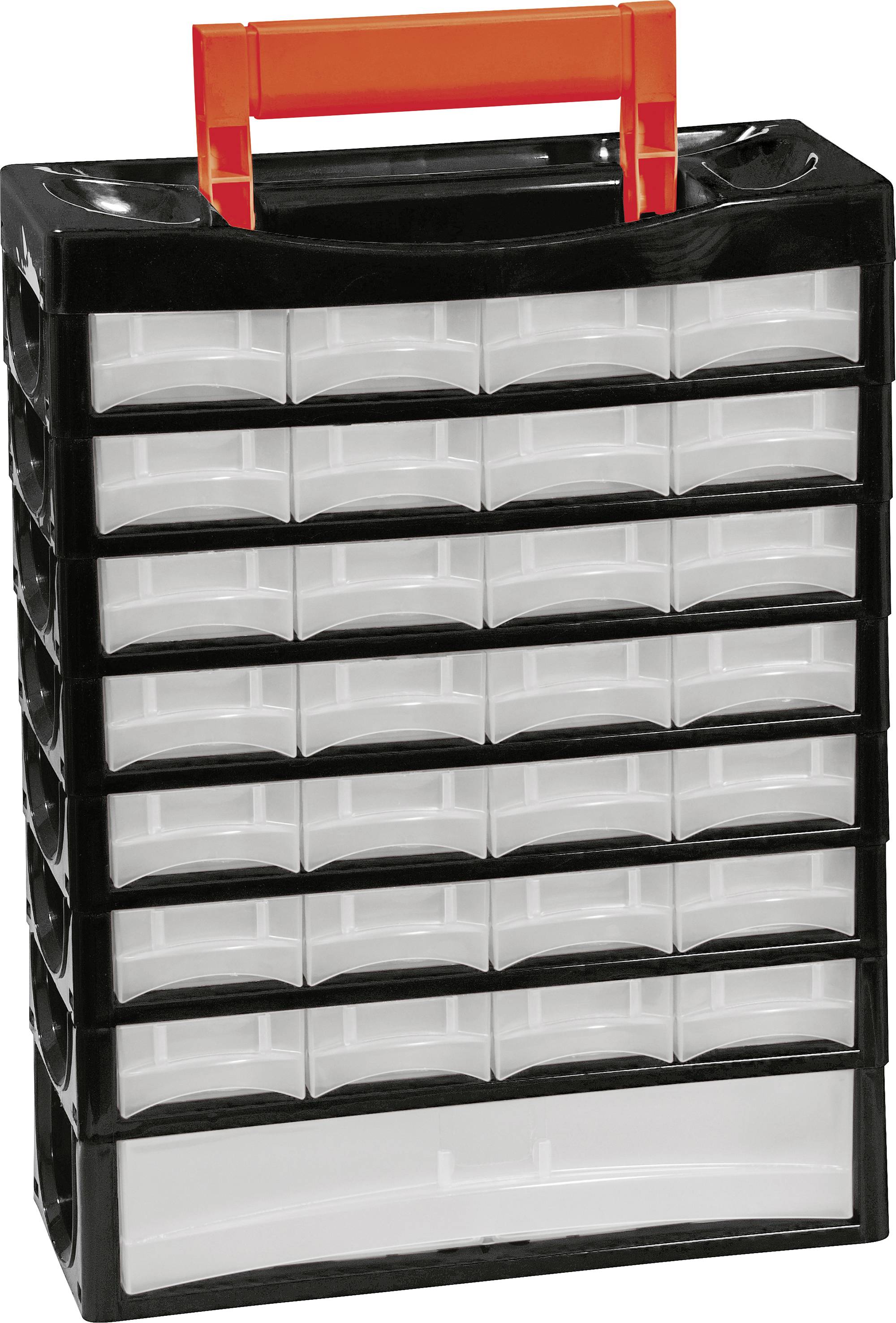 A black organiser with multiple transparent drawers and a red handle, suitable for storing small items.