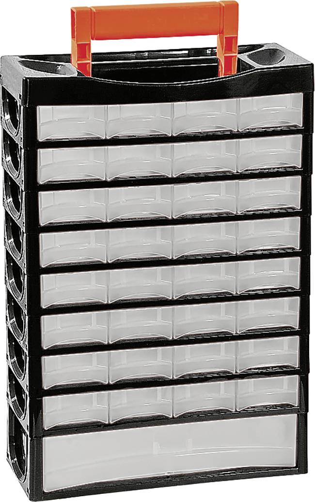 Plastic storage unit with multiple small transparent drawers and a red carrying handle. Ideal for storing small items.