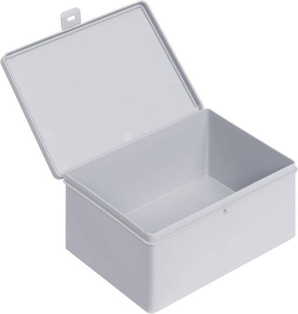 A grey metal box with an open lid. It is empty and rectangular, ideal for storing items.