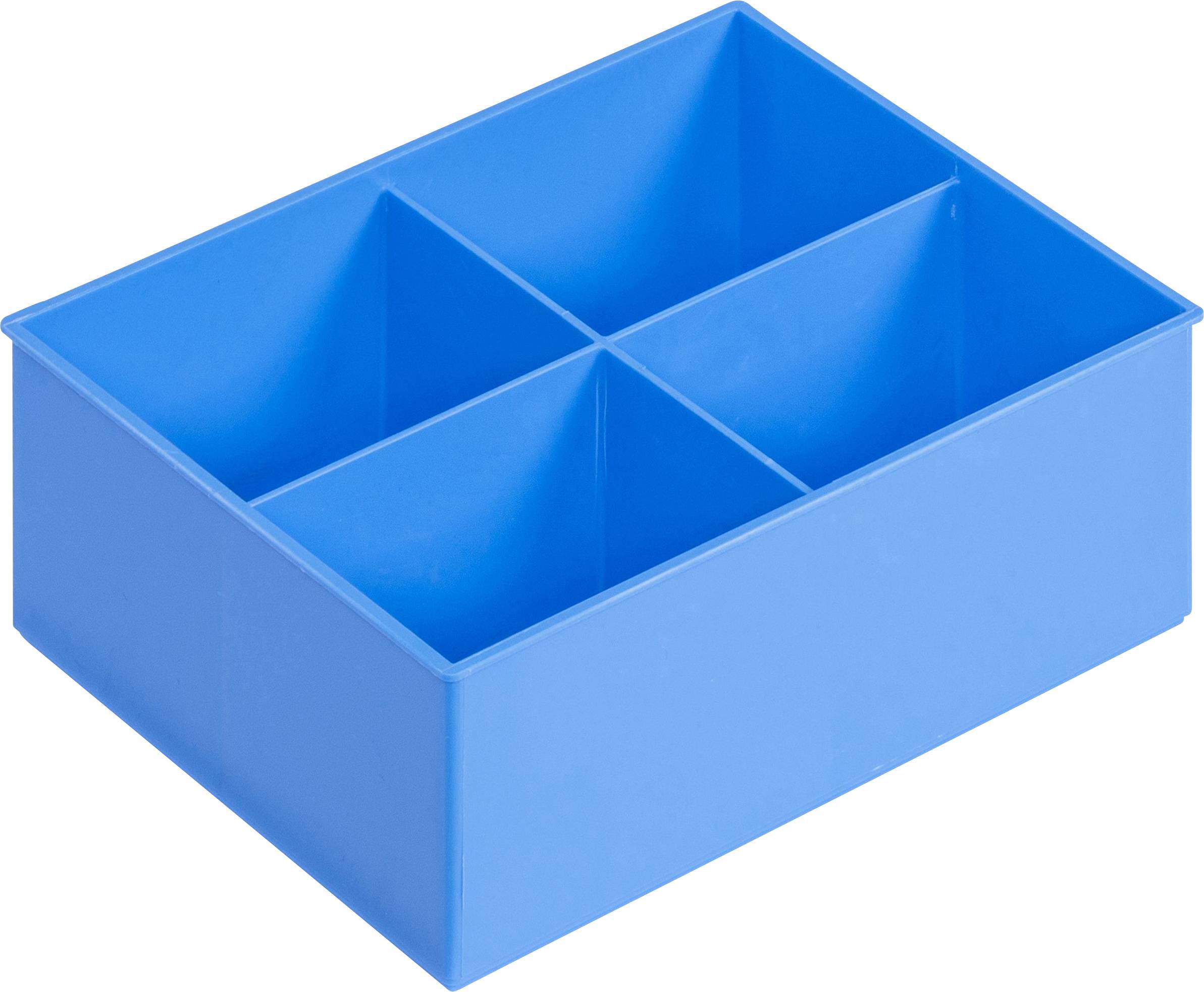A blue, rectangular plastic container with four equally sized compartments.