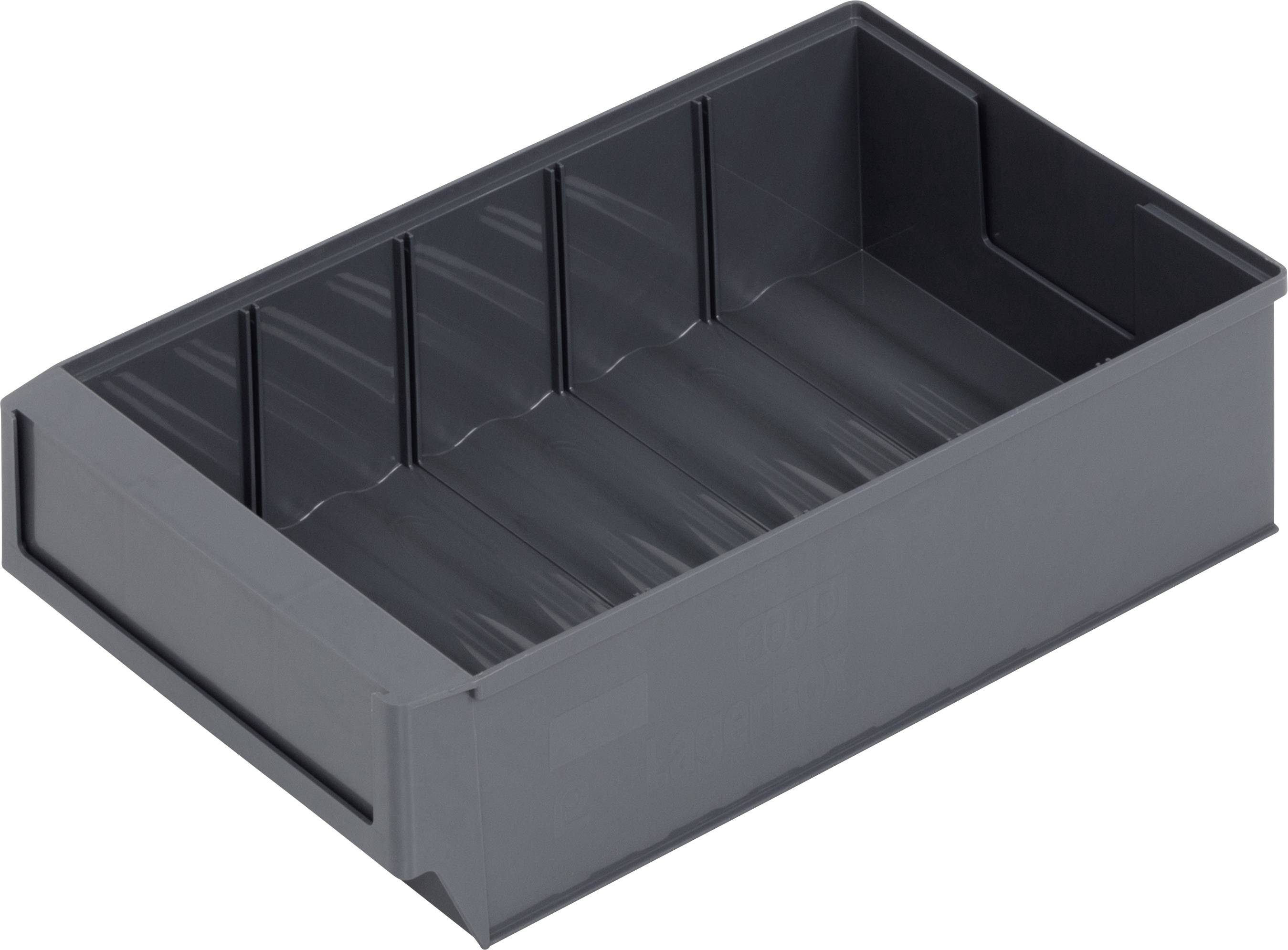 An empty, rectangular, grey plastic container with low sides and an open top, suitable for storage.