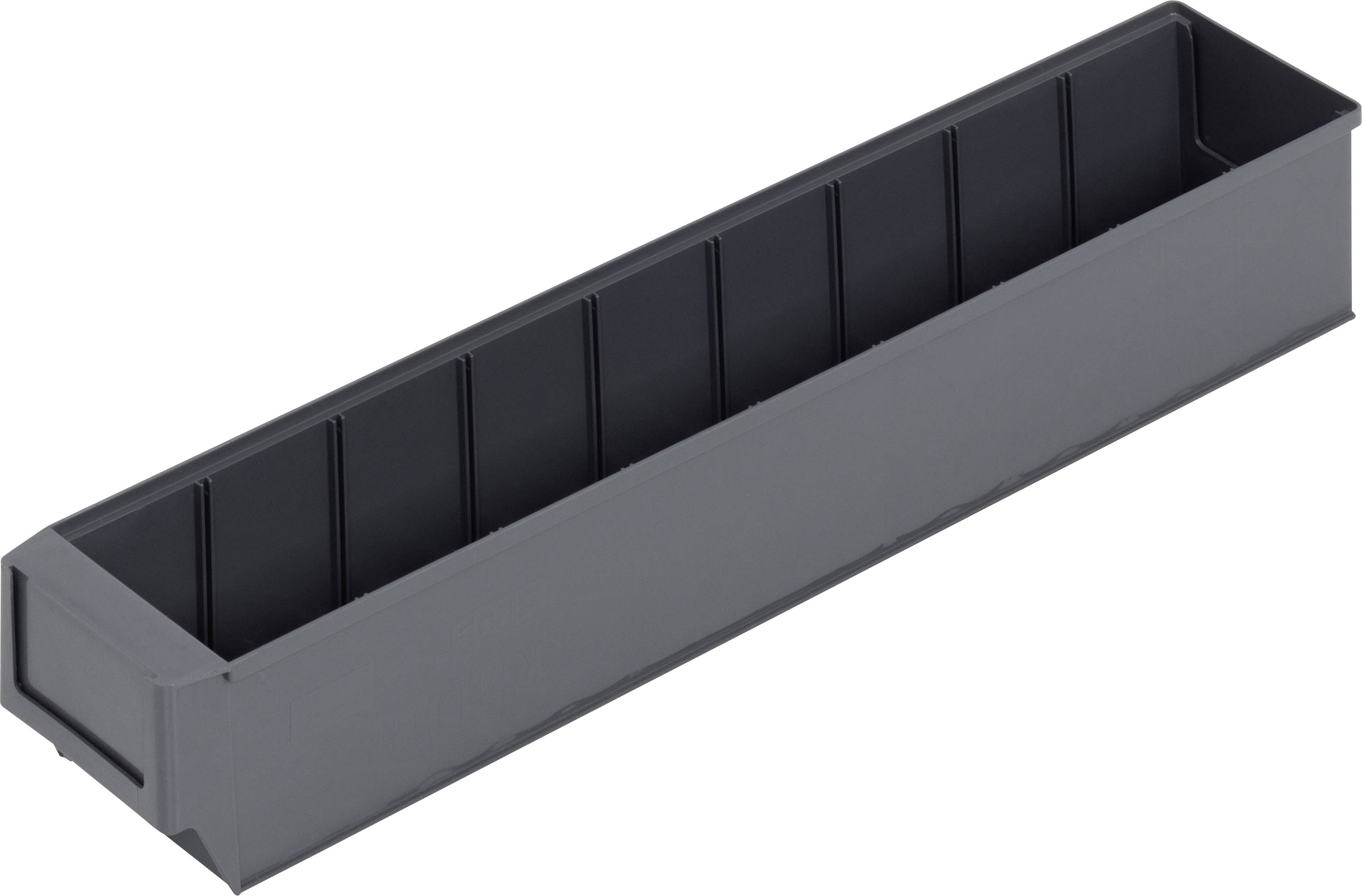 Long, black plastic container with compartments, for sorting or storing smaller items.