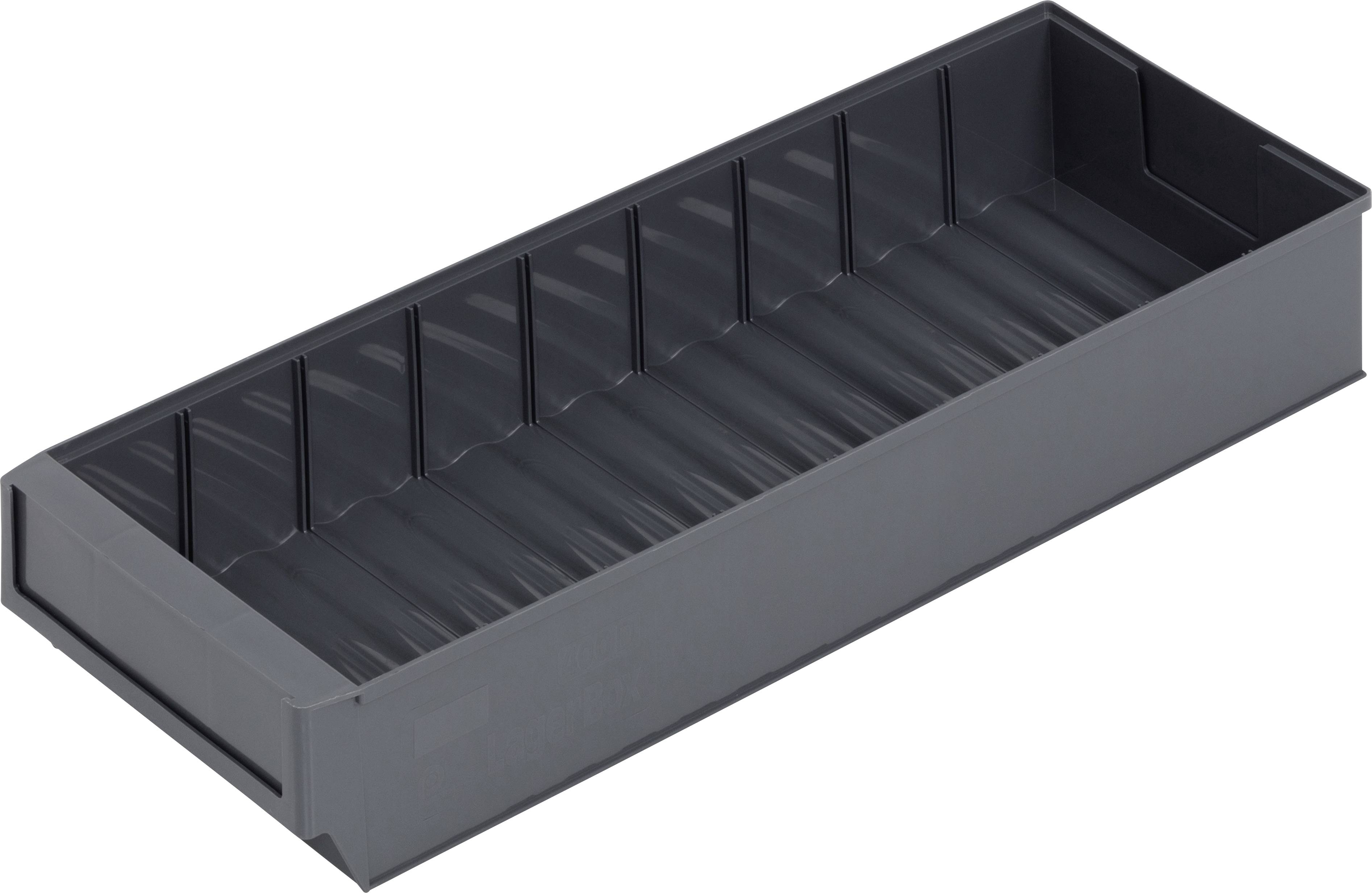 Grey plastic container with ribbed base, rectangular and open on one side. Suitable for storing small parts.