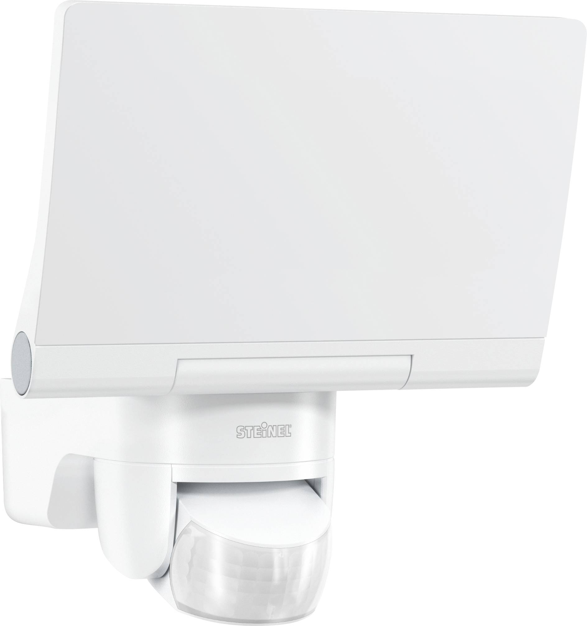 A white wall light with integrated motion sensor, suitable for outdoor use, to enhance security and lighting.