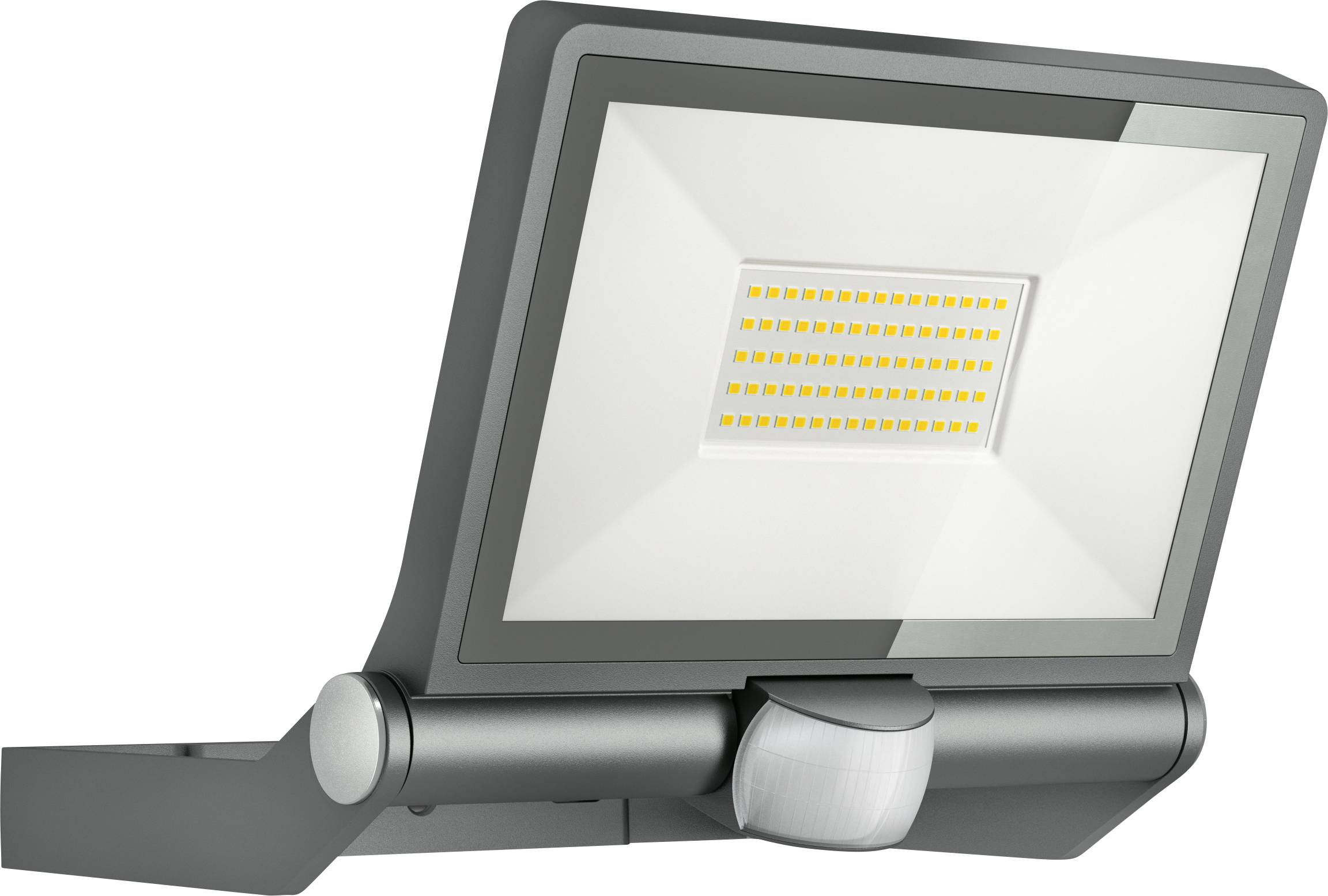 A grey LED floodlight with sensor, suitable for outdoor lighting.