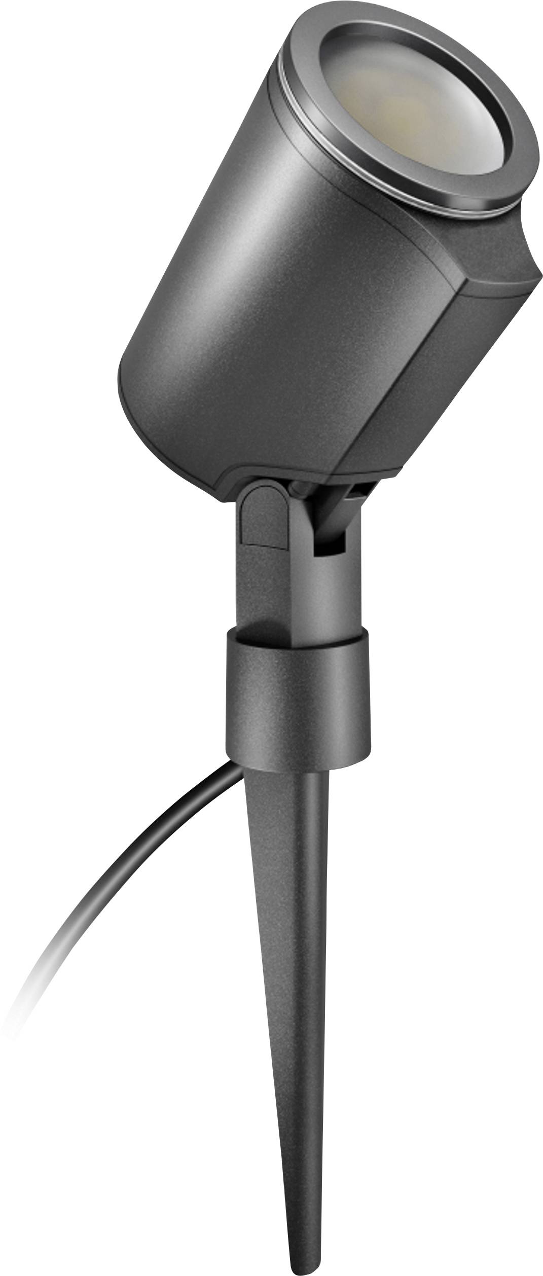 Black LED outdoor spotlight with ground spike, suitable for garden lighting, demonstrates modern, compact design.