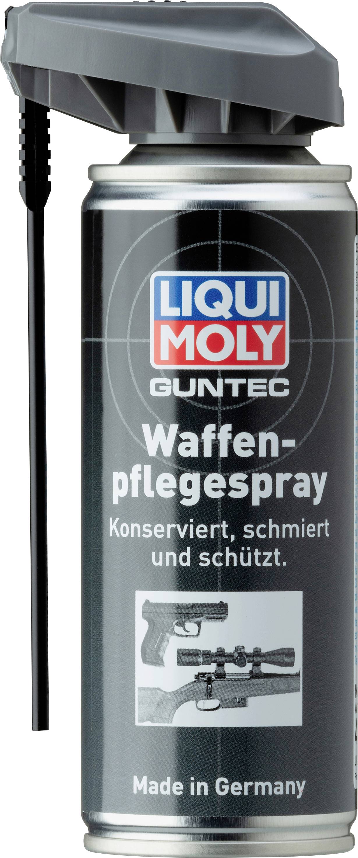 Spray can 'LIQUI MOLY Guntec Weapon Care Spray' with trigger nozzle; Text: 'Preserves, lubricates and protects. Made in Germany'; Image of firearms.