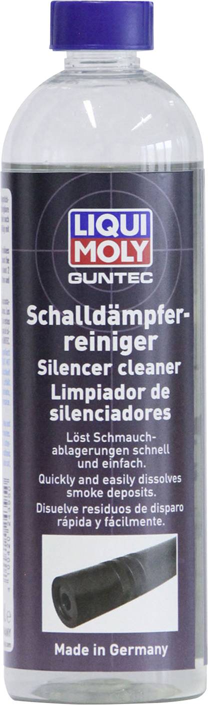 Liqui Moly Exhaust System Cleaner bottle, quickly removes soot deposits. Black label with multilingual text. 