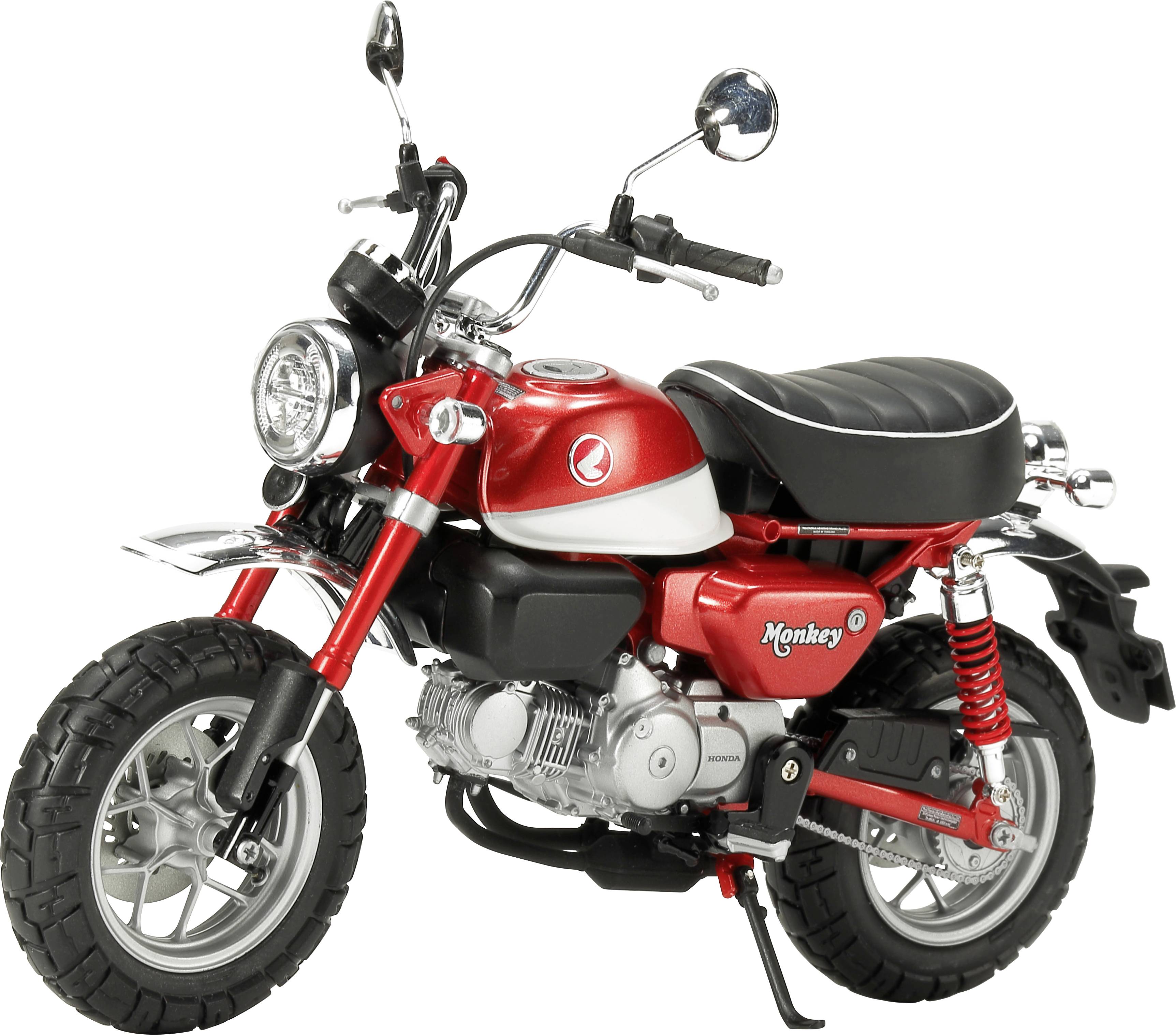 Red mini motorbike with a black seat and silver accents, standing on a stand. Retro-style, suitable for short city rides.