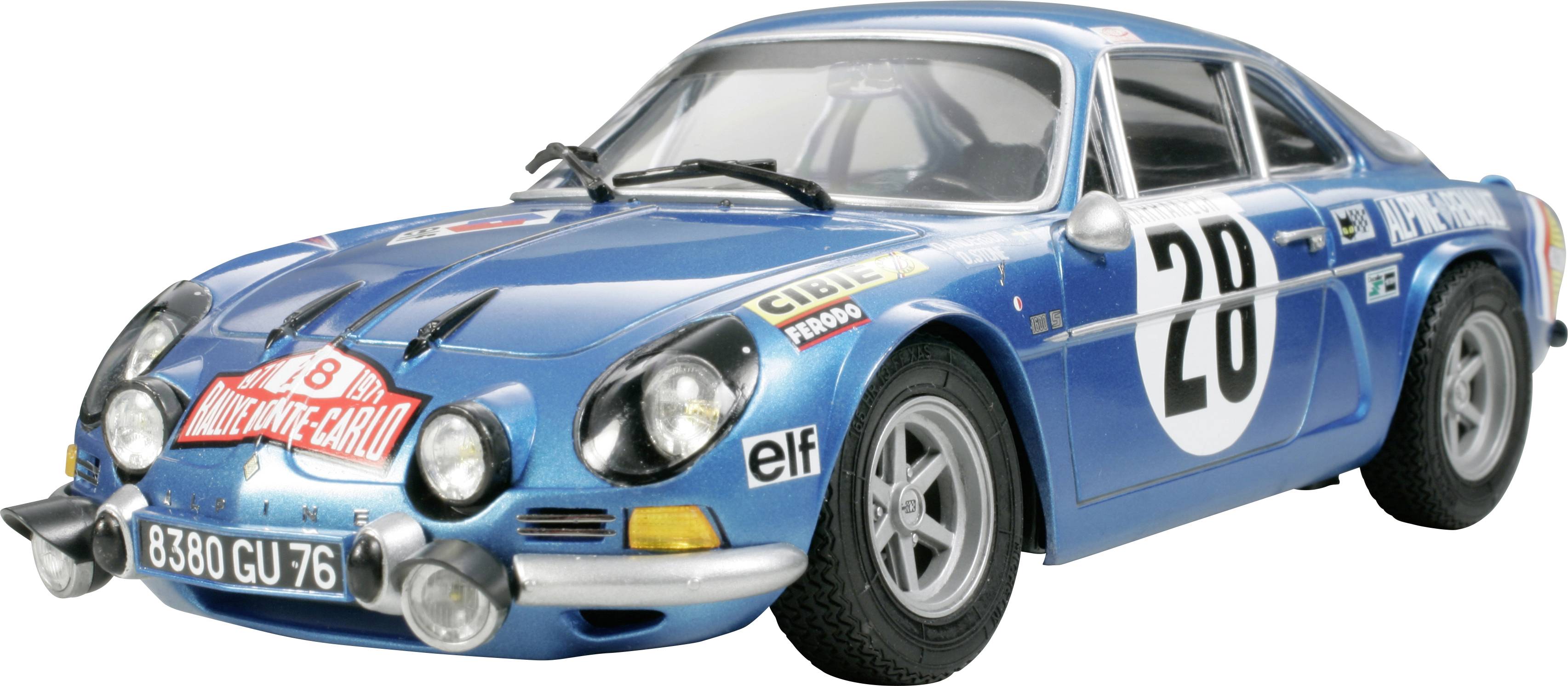 A blue classic sports car with the race number 28 and rally stickers, parked in a frontal view.