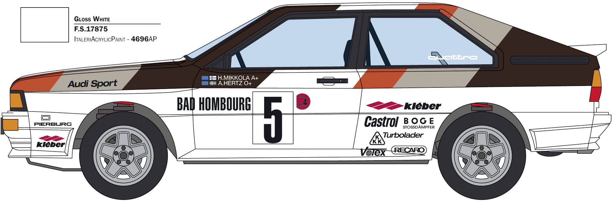 The image shows an Audi Sport rally car in profile with the start number 5. Sponsor logos, including Castrol and Kiefer, are visible.