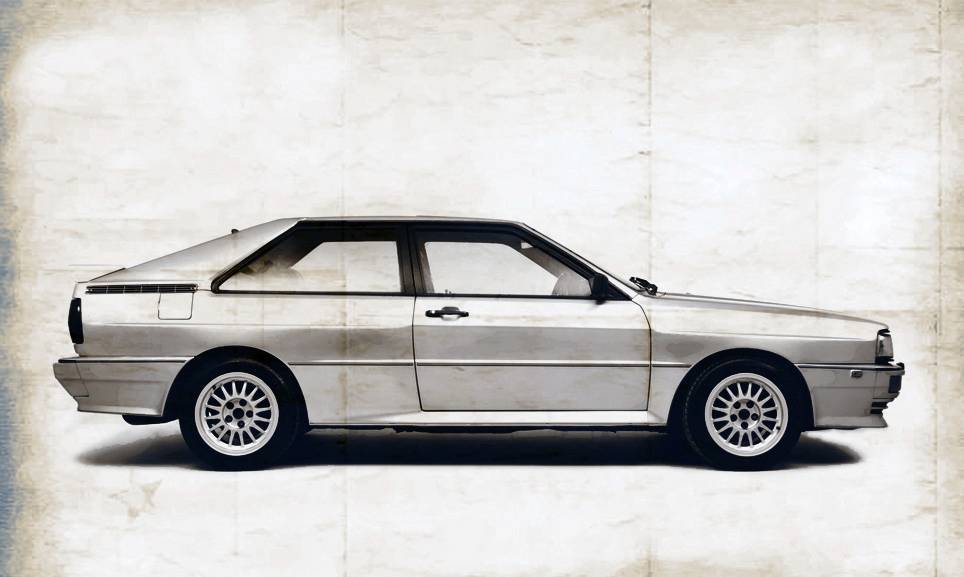 Classic car in profile, vintage car with angular design on an aged background. Spoke wheels accentuate the retro look.