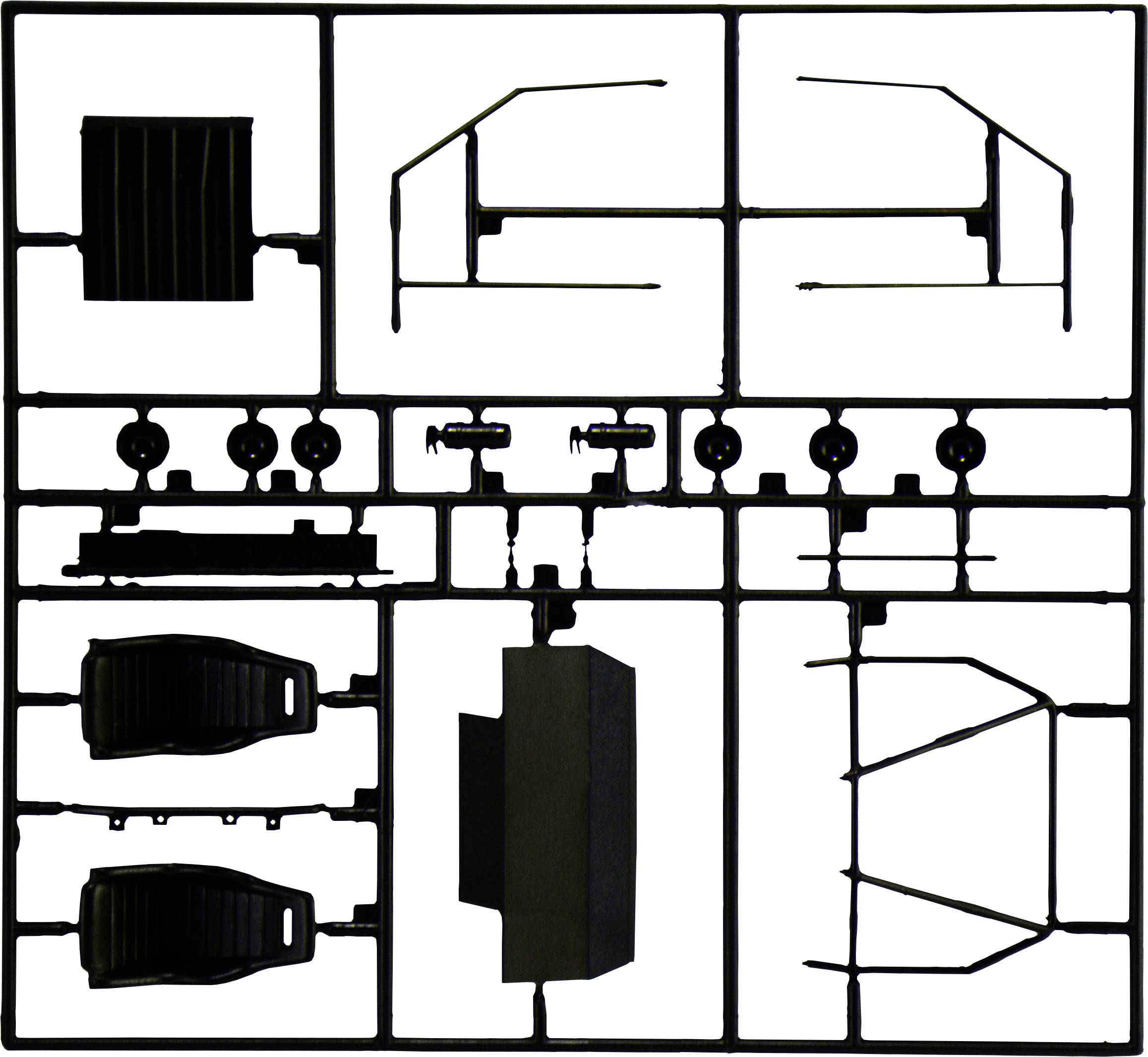 A plastic model kit with various individual parts, including wheels, body parts and chassis elements, mounted on a frame.