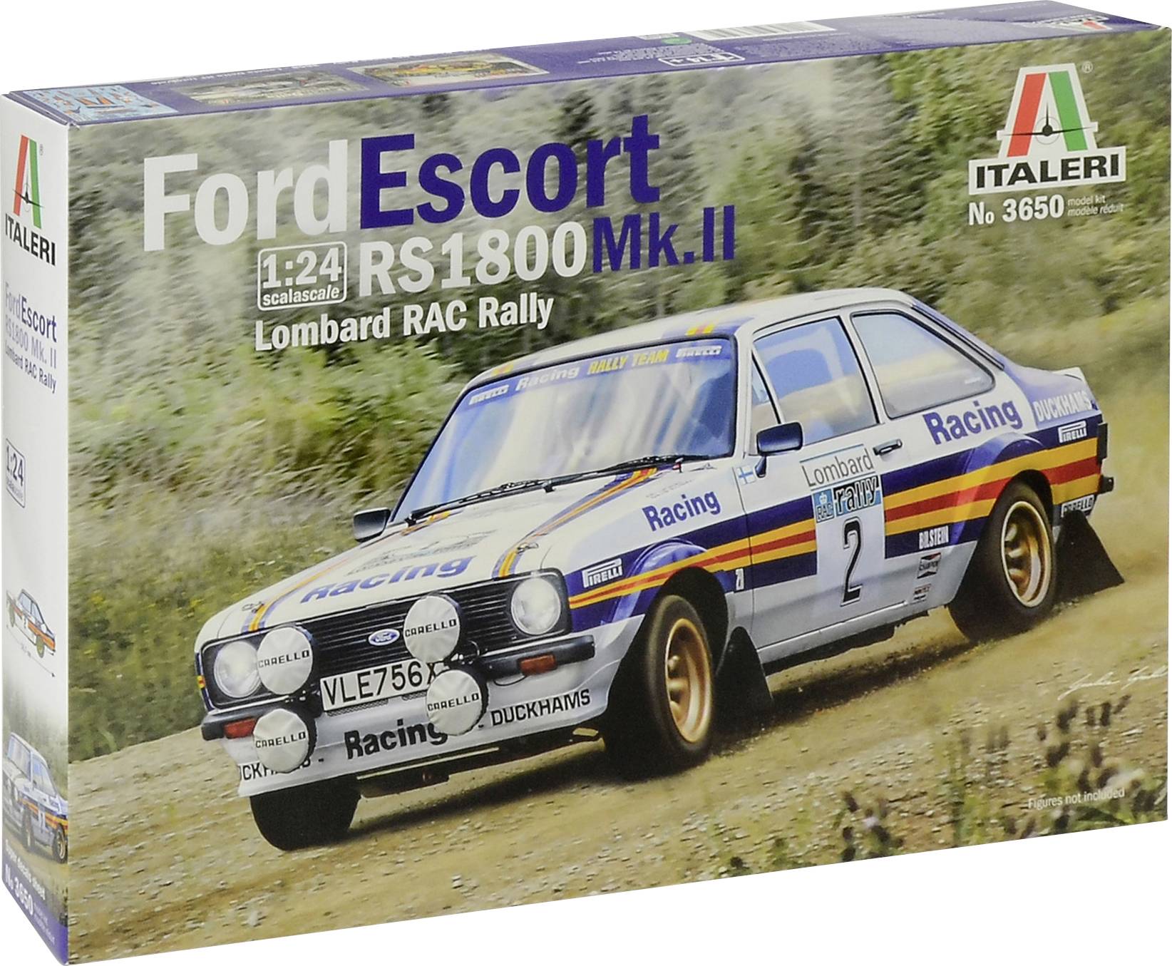 Italeri kit packaging of a Ford Escort RS1800 Mk.II in 1:24 scale, showing the model competing in the Lombard RAC Rally.