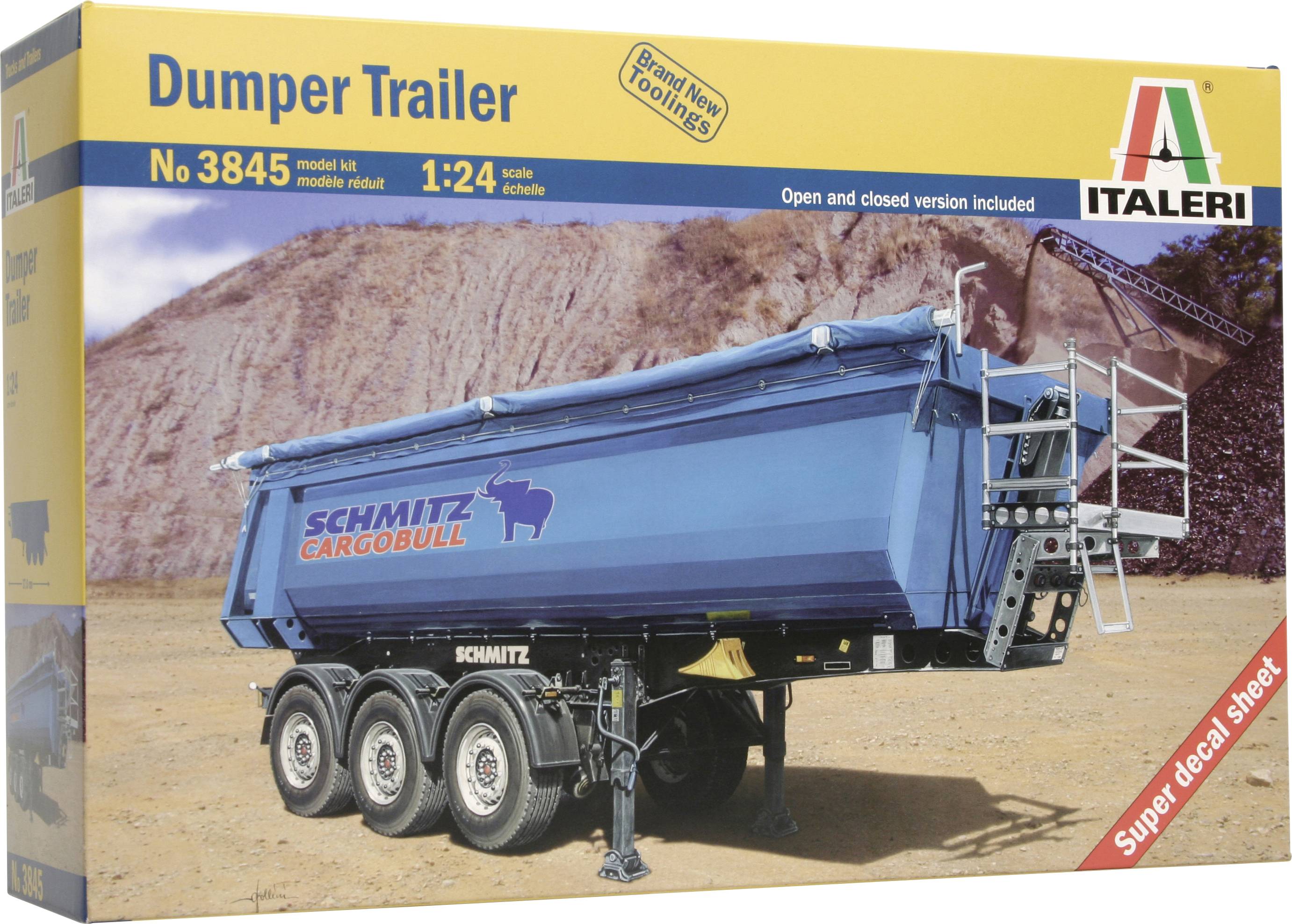 Packaging of an Italeri model dump truck, scale 1:24, with blue Schmitz Cargobull loading area. Number 3845.