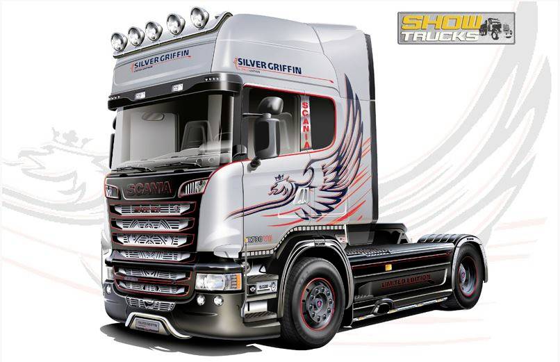 Articulated lorry with 'Silver Griffin' lettering, adorned with a griffin illustration. Background shows blurred logo.