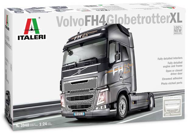 Model kit of a Volvo FH4 Globetrotter XL at a 1:24 scale by Italeri, showing a highly detailed lorry model on the packaging.