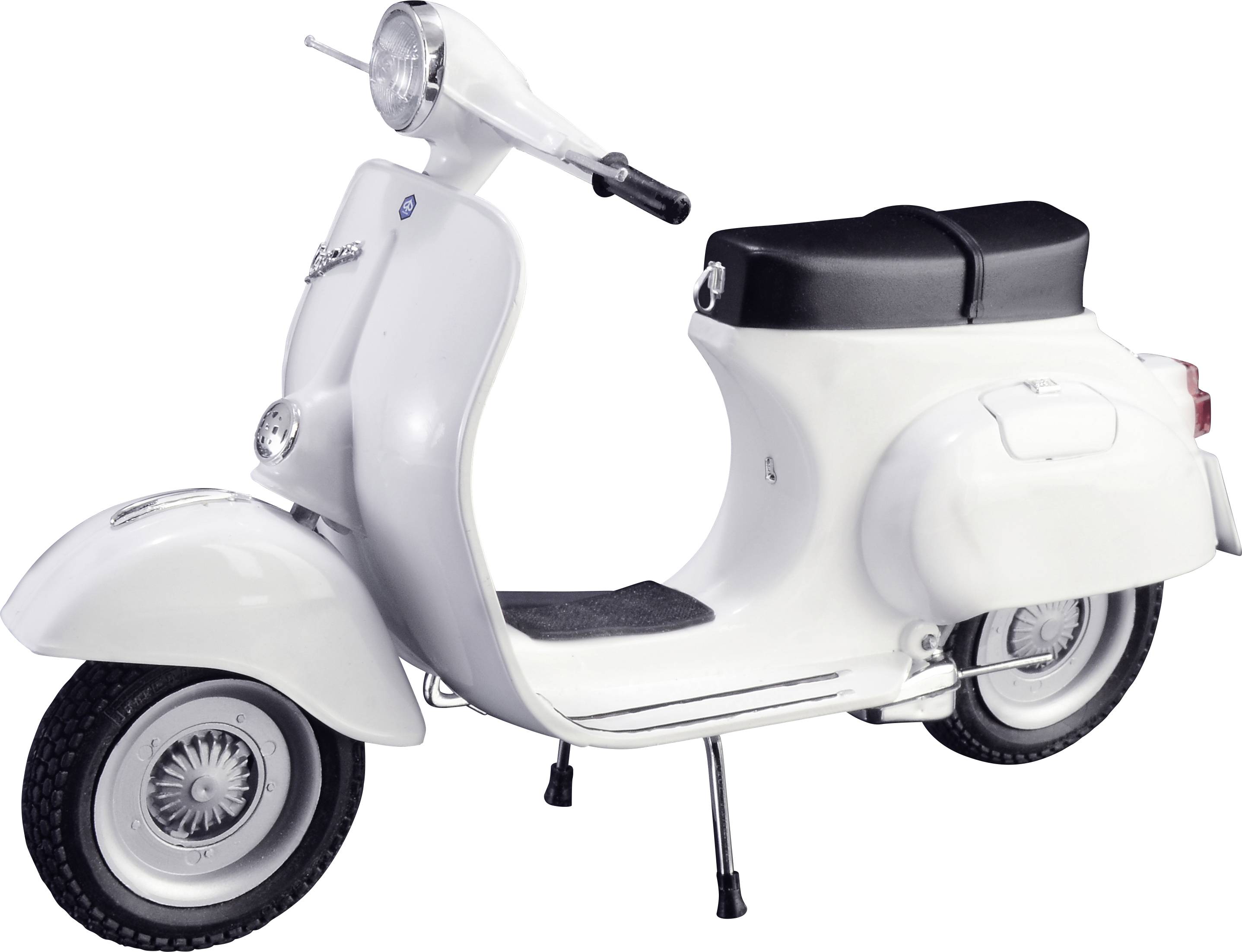A white vintage scooter is propped up, with black seat cushions and round mirrors, against a neutral background.
