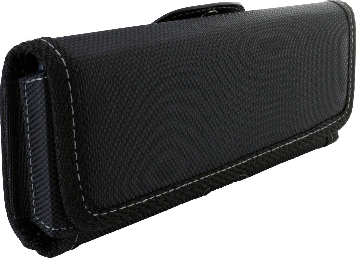 Black, rectangular fabric bag with velcro closure, suitable for storing smaller items such as electronic accessories.