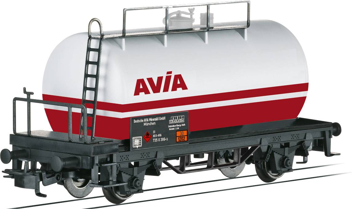 An Avia tanker truck with a red stripe and logo, side ladder, and safety railings on tracks.