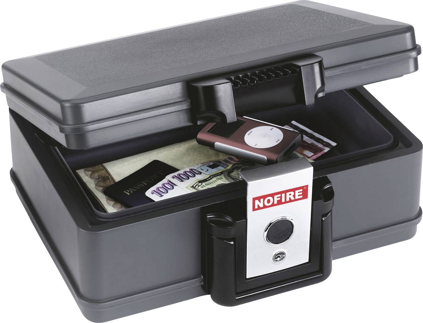 An open safe reveals banknotes, a portable music player, and documents being securely stored within it.