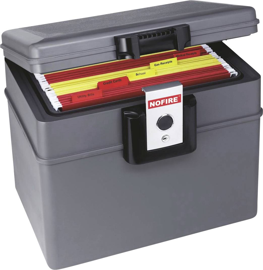 A fireproof document box, open, shows coloured folders with labels such as 'Utility Bills', 'Credit Cards' and 'School'.