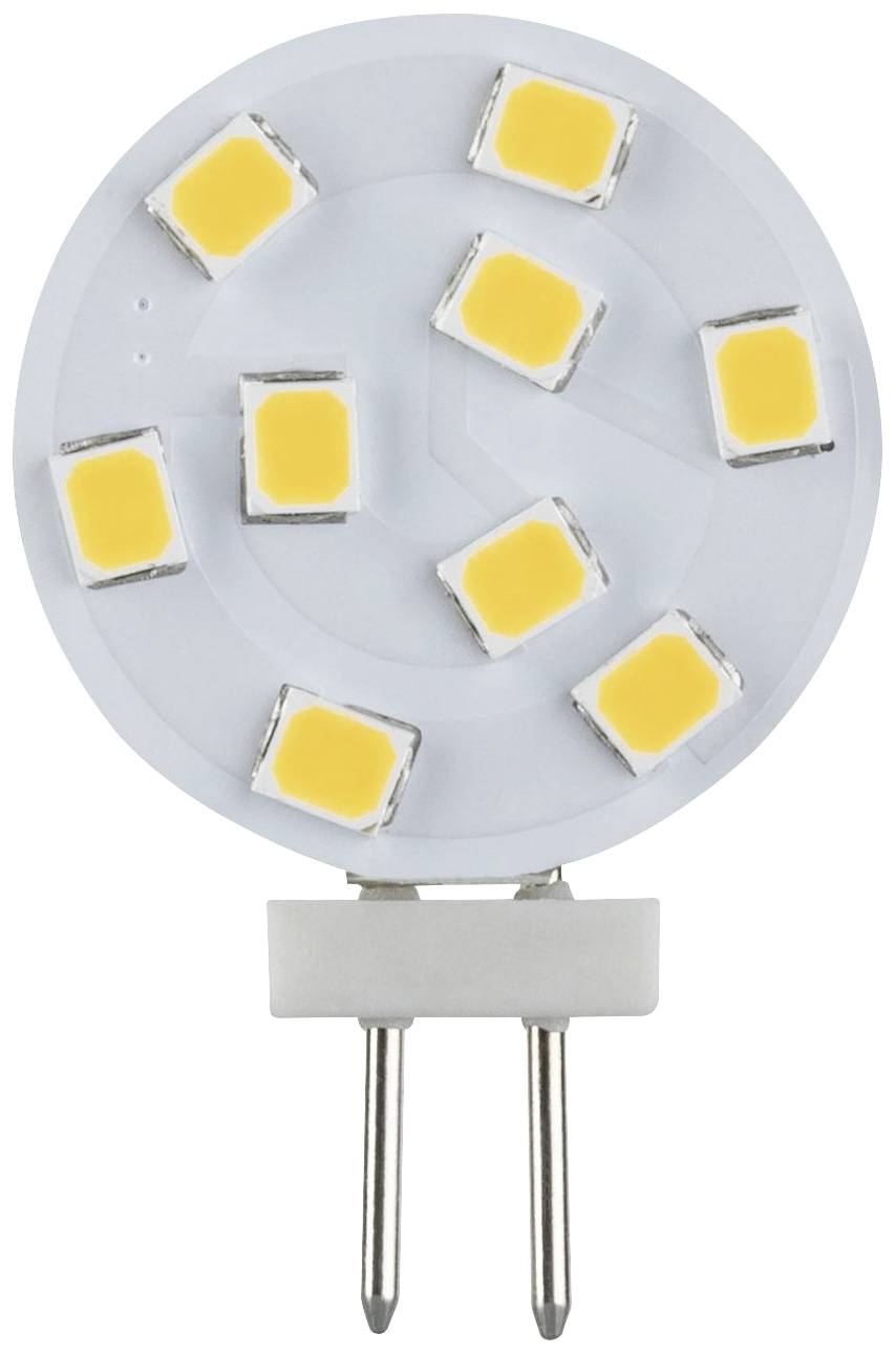 A round LED lamp with eight small yellow LED bulbs on a white background, with two contacts at the bottom for connection.