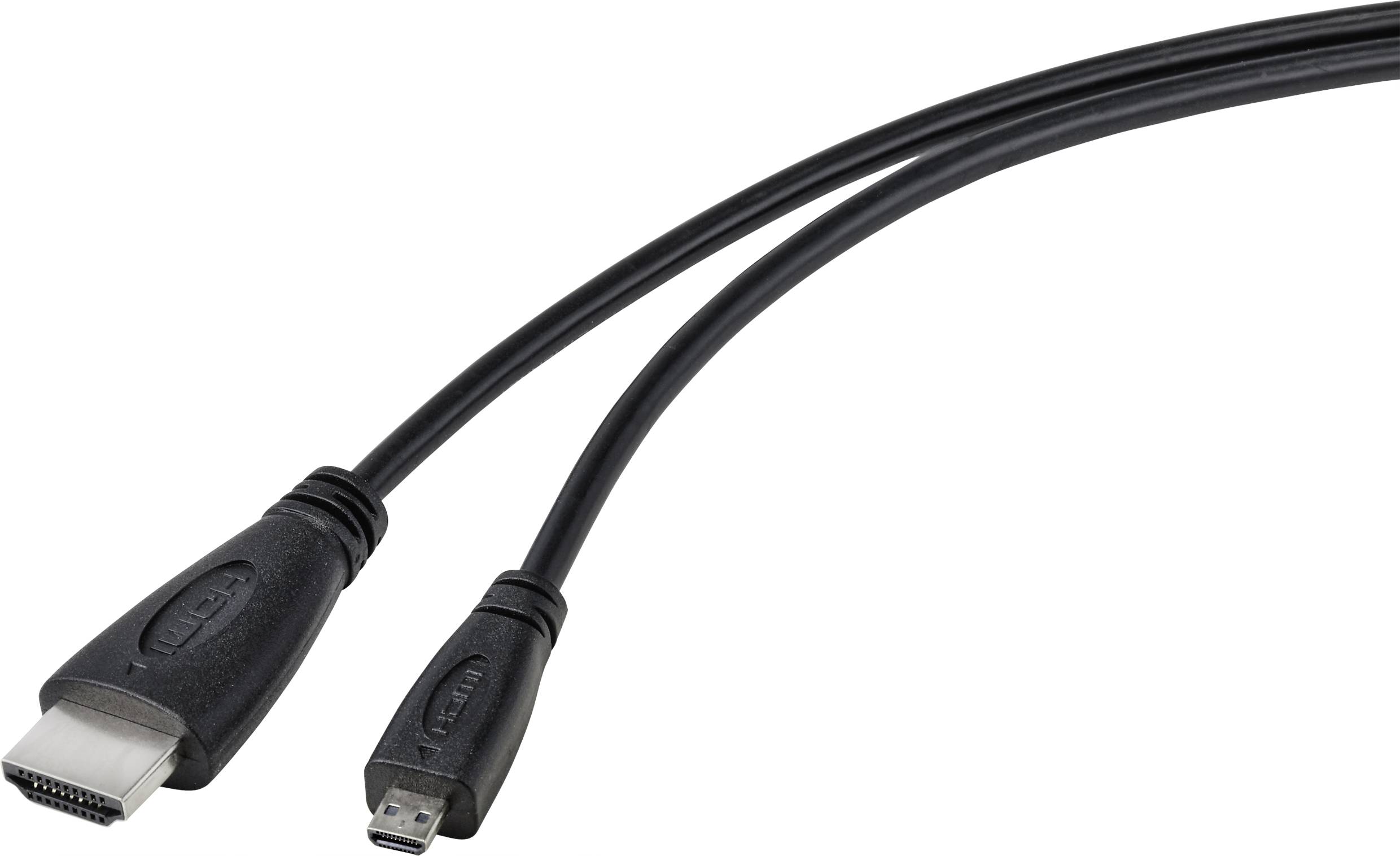 HDMI cable with standard and micro connectors, black, on white background, showing compatibility for various devices.