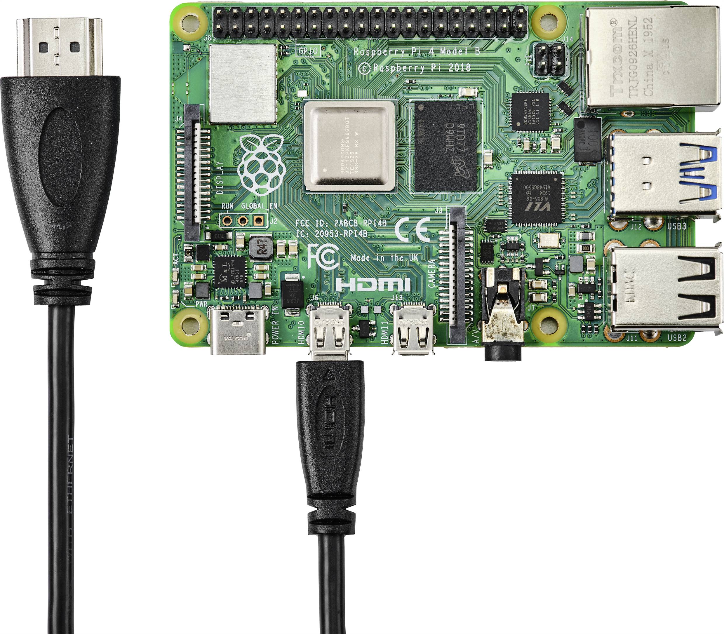 A Raspberry Pi 4 model with ports and slots is pictured. On the left, an HDMI cable can be seen connected to the mini-computer.