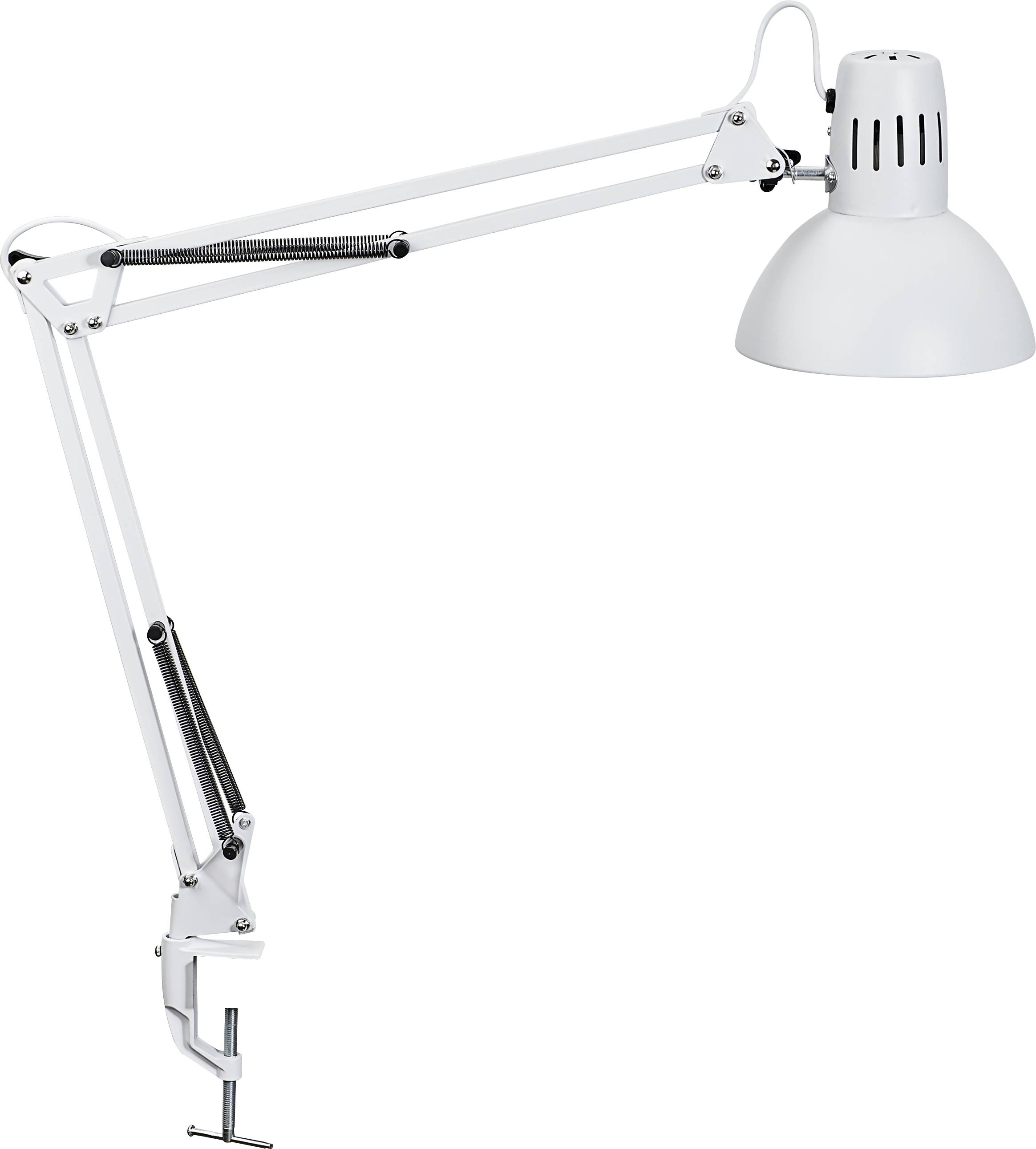 A white desk lamp with an adjustable arm and clip, which can be attached to a table.