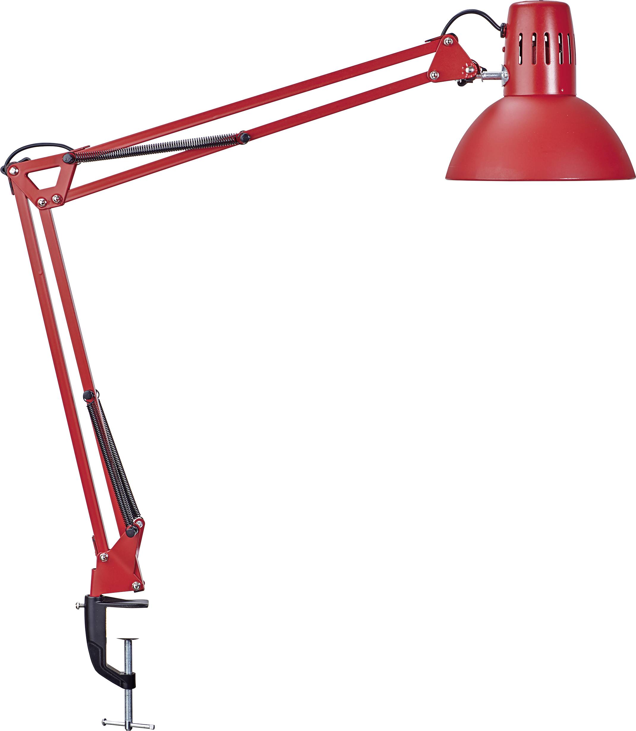 Red desk lamp with long adjustable arm and table clamp for mounting.