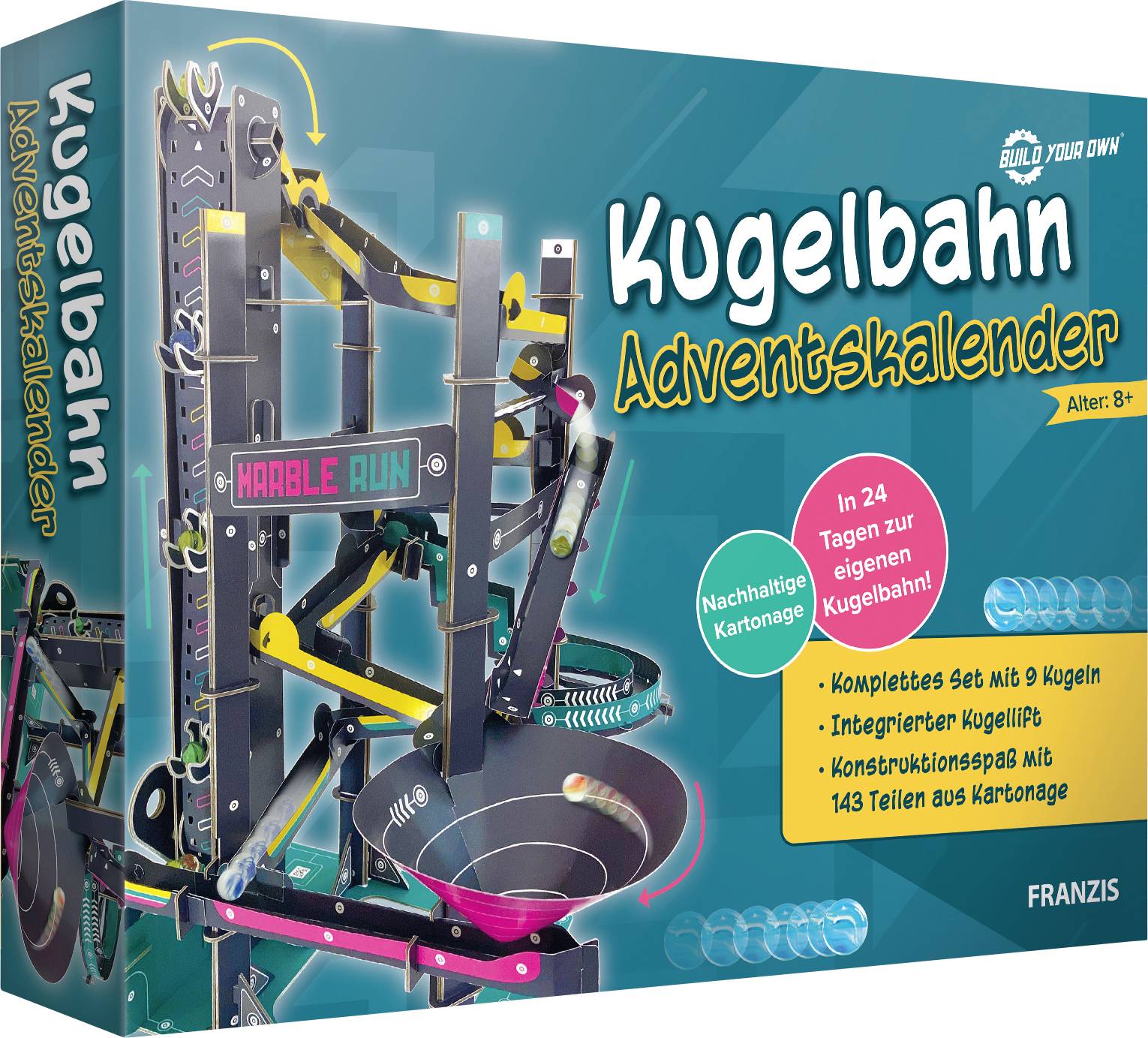 Box of the 'Marble Run Advent Calendar' shows a toy set with a marble run model. Contains 143 cardboard pieces for children aged 8 and above.