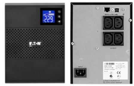 USB unit with digital display showing '229V'. Rear view reveals power connections and Ethernet port. Brand: Eaton.