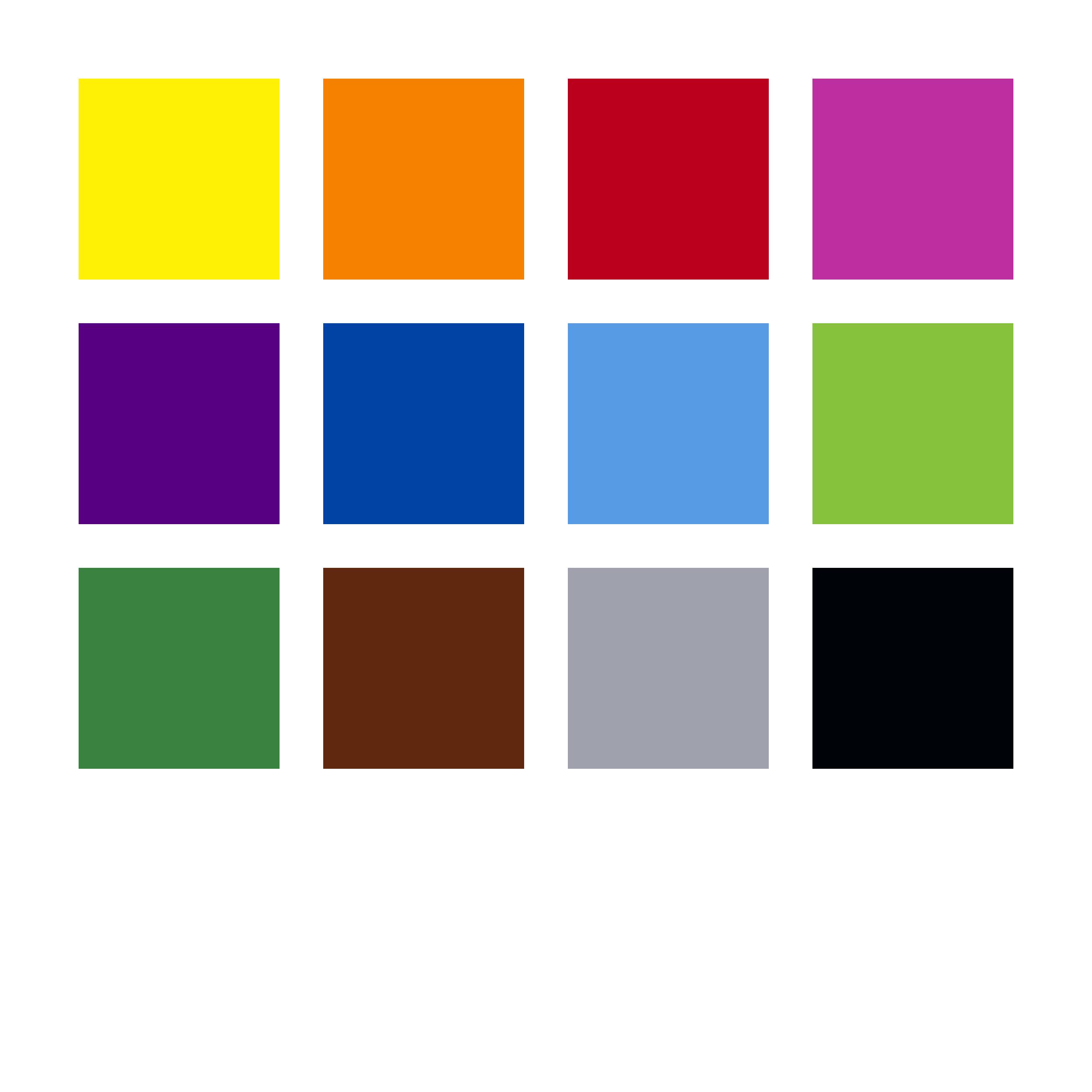 Twelve coloured squares in three rows, from top to bottom: Yellow, Orange, Red, Pink, Purple, Blue, Light Blue, Green, Dark Green, Brown, Grey, Black.