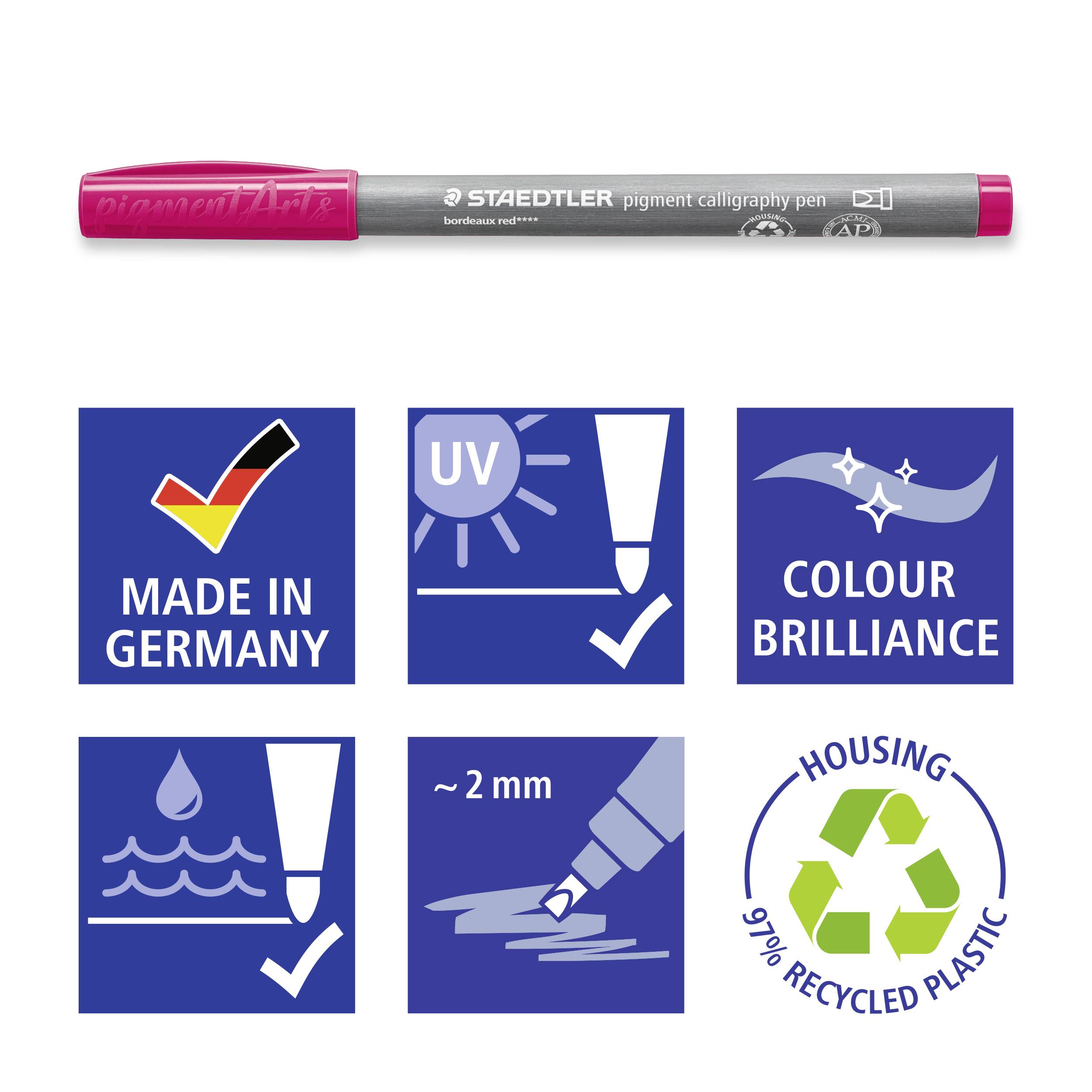 A pink calligraphy pen by Staedtler with the inscription 'MADE IN GERMANY', 'UV', 'COLOUR BRILLIANCE', 'HOUSING 97% RECYCLED PLASTIC'.