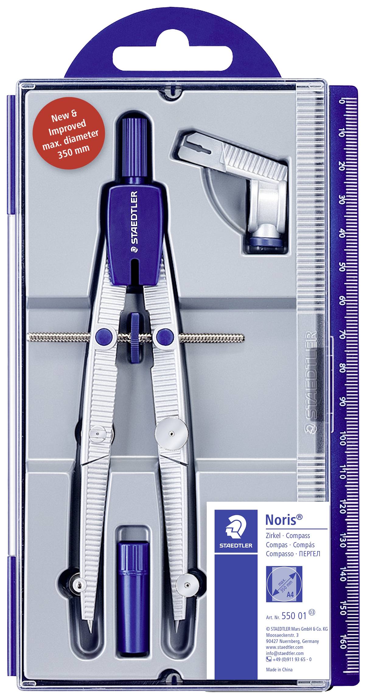 A geometric compass set in a plastic box, including compass, spare leads, pencil sharpener and ruler. Brand: Staedtler Noris.